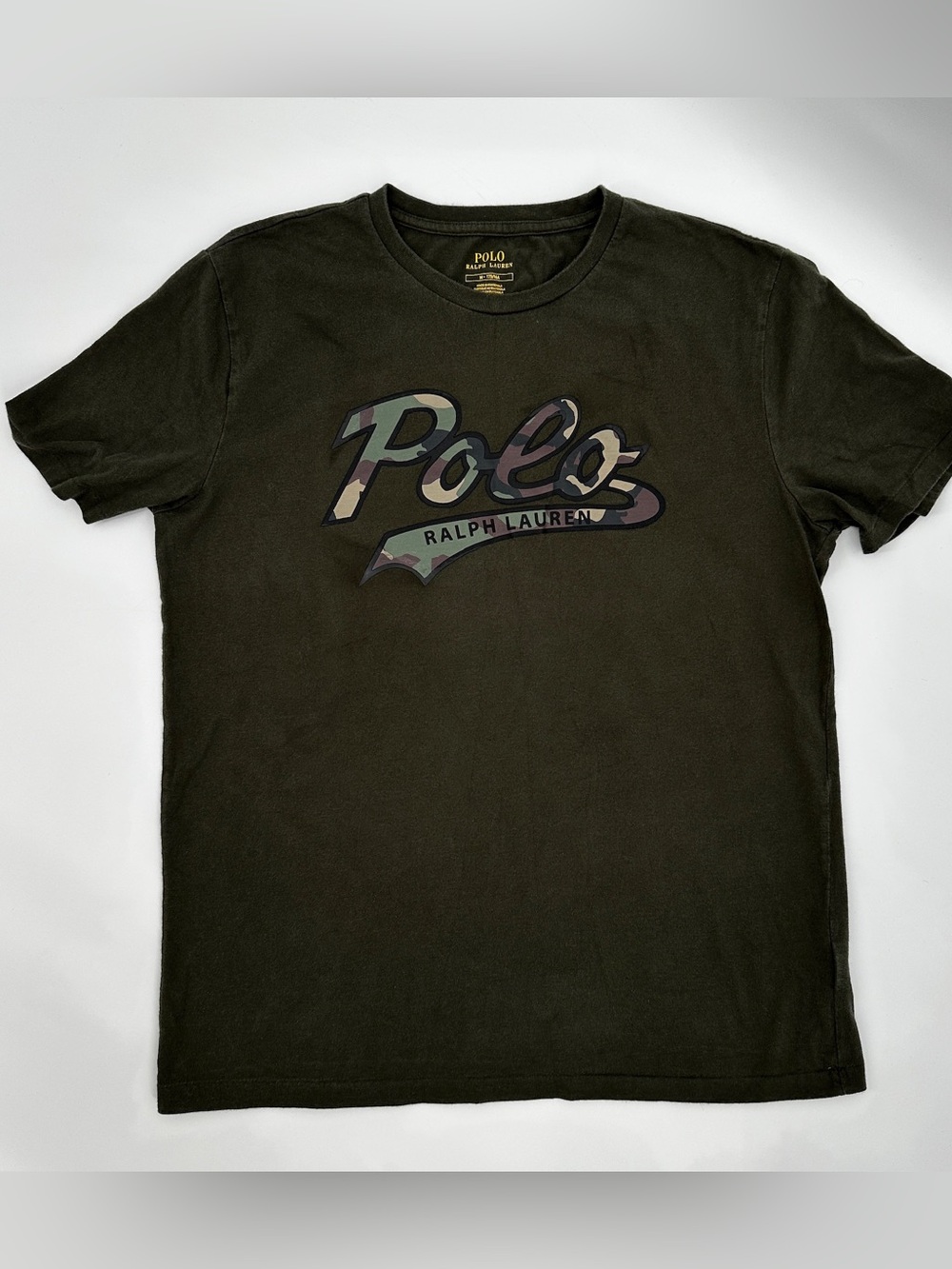 Polo Ralph Lauren Olive Green Camo Script Logo Graphic T Shirt Men's M - Picture 2 of 5